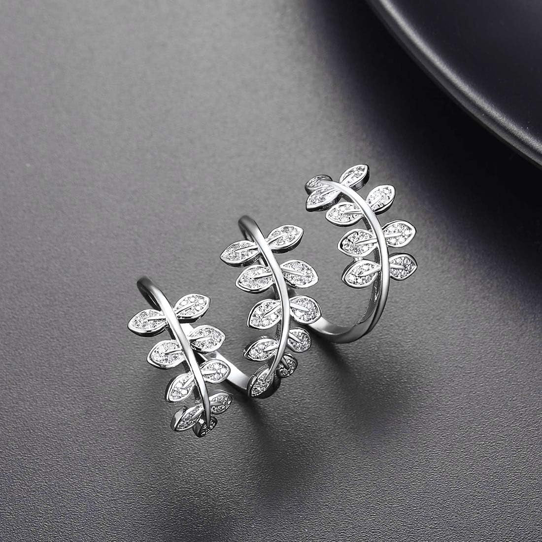 Statement Rings Cocktail Party Jewelry Platinum or 18K Gold Plated Adjustable Clear CZ Long Leaf Ring for Men Women